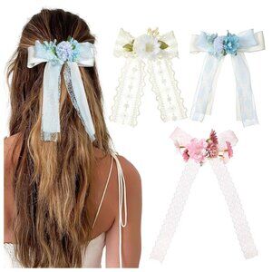 (NWT) HAIR BOW FLOWER BARRETTES Set of 3, Pastel Blue/Pink/Ivory